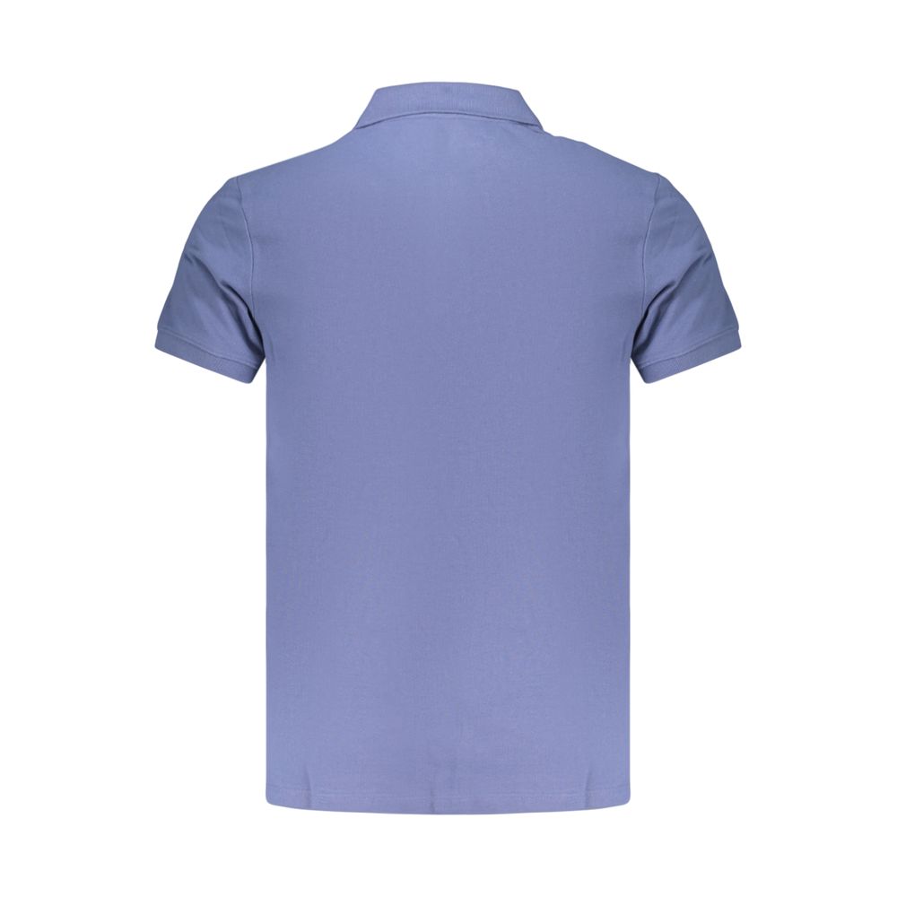 Timberland men's blue cotton polo shirt with a classic collar and short sleeves, displayed on a hanger.