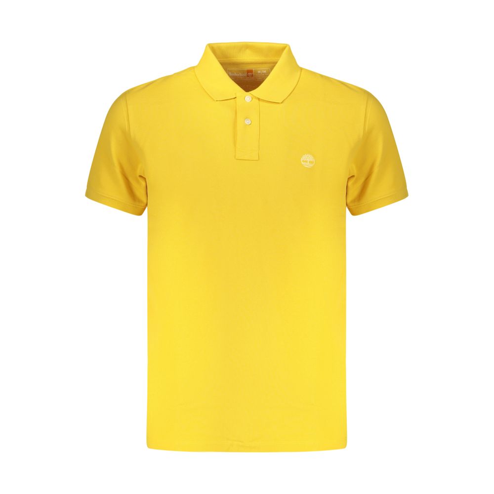 Timberland yellow cotton men's polo shirt displayed on a hanger, featuring a classic collar and short sleeves.
