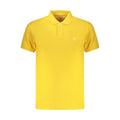 Timberland yellow cotton men's polo shirt displayed on a hanger, featuring a classic collar and short sleeves.