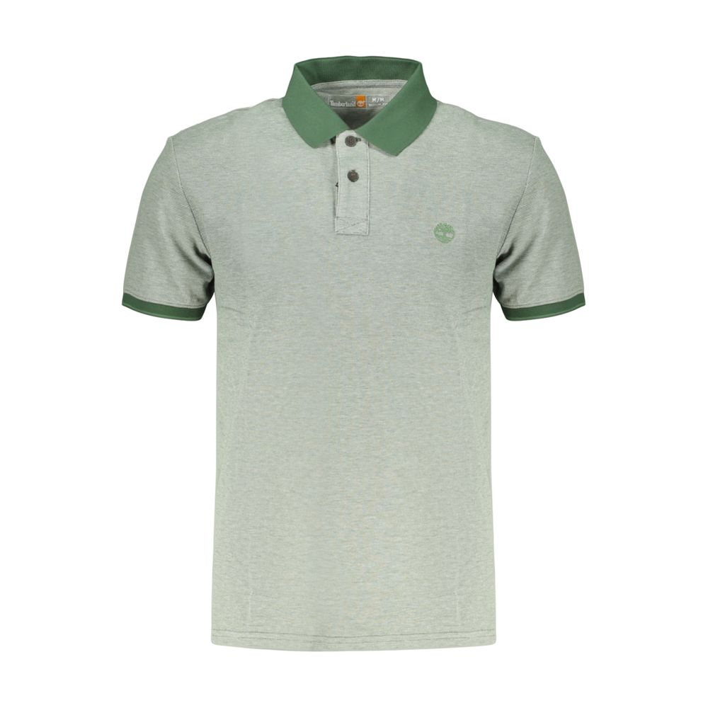 Timberland Verde cotton men's polo shirt in green, featuring a classic collar and short sleeves, displayed on a hanger.