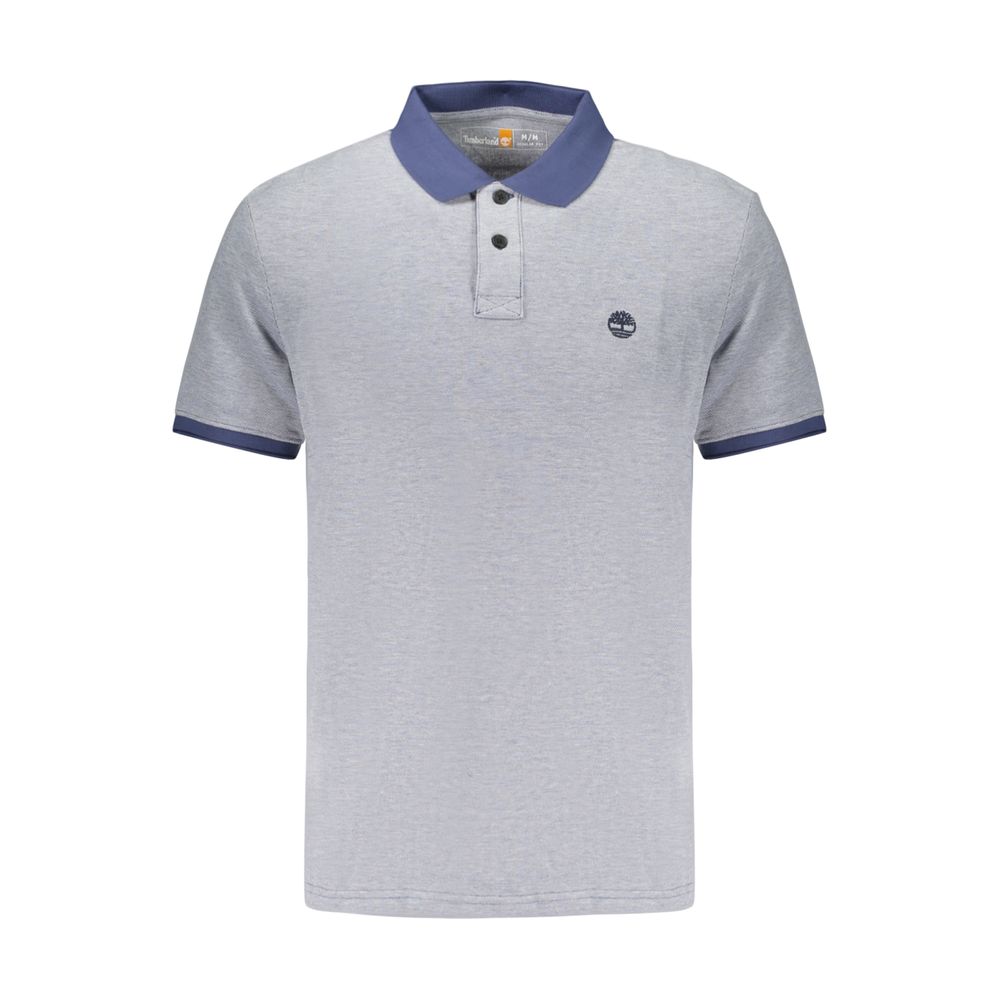 Timberland blue men's cotton polo shirt displayed on a hanger, featuring a classic collar and button placket.