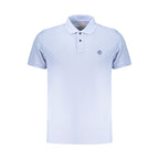 Timberland Azzurro cotton men's polo shirt, blue with collar and short sleeves, displayed on a hanger.