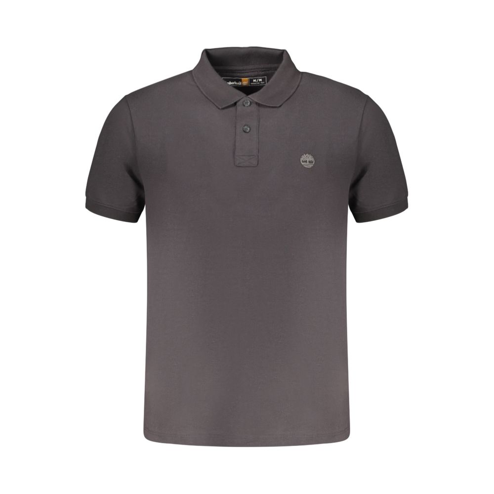 Black Timberland men's cotton polo shirt with a classic collar and short sleeves, displayed on a hanger.