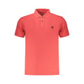 Red organic cotton men's polo shirt by Timberland, featuring a classic collar and short sleeves, displayed on a plain background.
