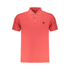 Red organic cotton men's polo shirt by Timberland, featuring a classic collar and short sleeves, displayed on a plain background.