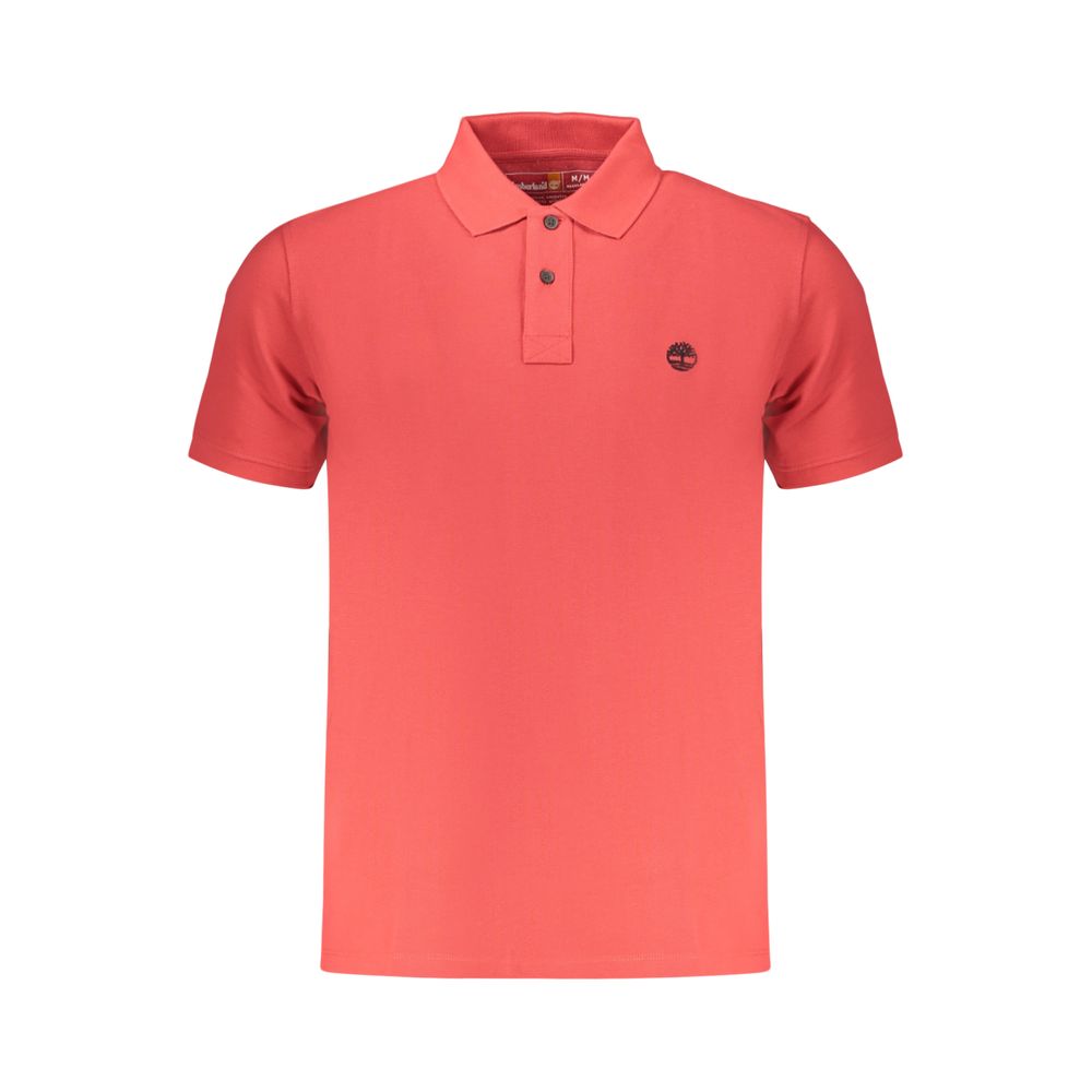 Red organic cotton men's polo shirt by Timberland, featuring a classic collar and short sleeves, displayed on a plain background.