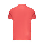Timberland red organic cotton men's polo shirt displayed on a hanger, showcasing casual style and breathable fabric.