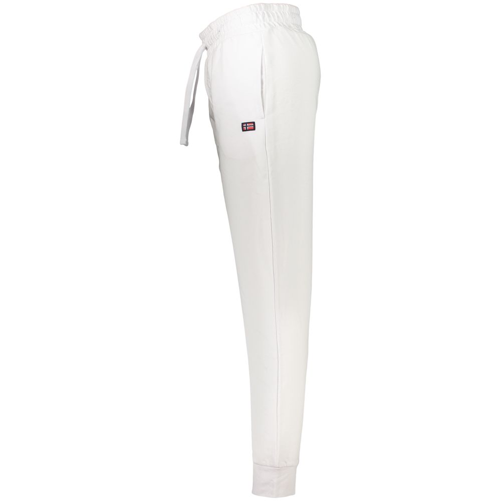 Norway 1963 Bianco cotton men's track pants displayed on a hanger, featuring a relaxed fit and minimalist design.