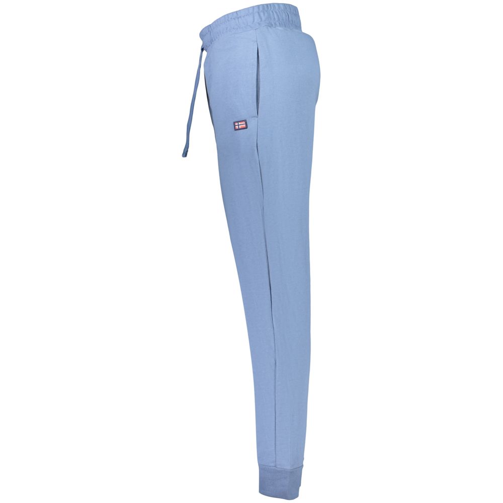 Norway 1963 men's blue cotton trousers displayed on a hanger, showcasing classic fit and durable fabric.