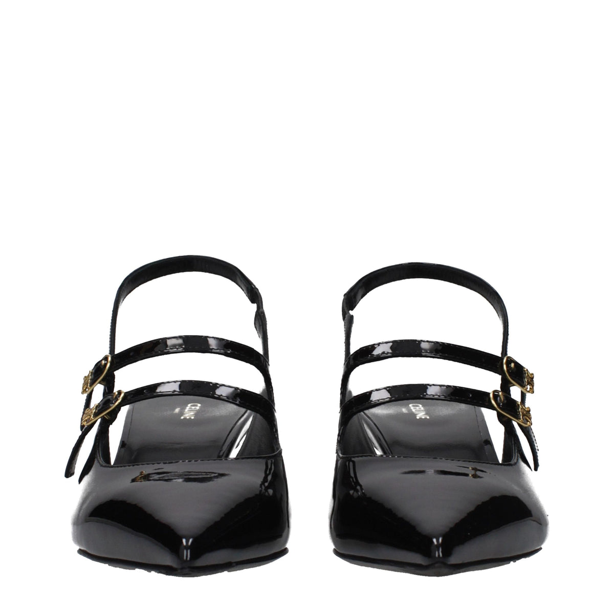 Celine black leather sandals with open toes and ankle straps, stylish footwear for casual or dressy occasions.