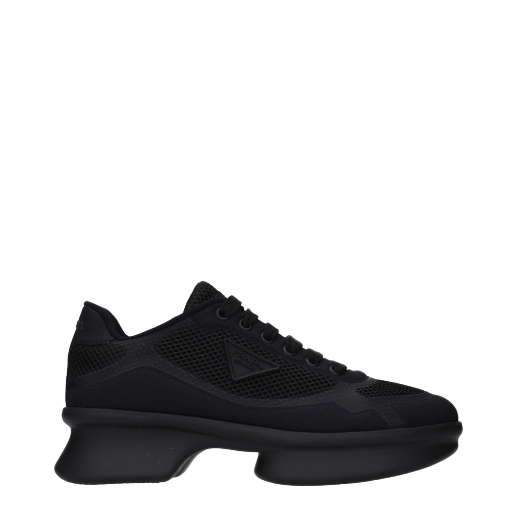 Prada black fabric low top sneakers with white soles and minimal branding, stylish casual footwear for everyday wear.