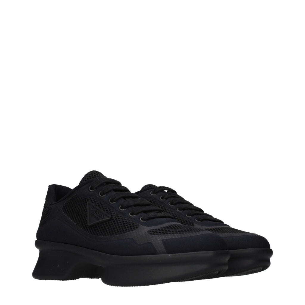 Prada black fabric low top sneakers with white soles and lace-up design, stylish and comfortable casual footwear.