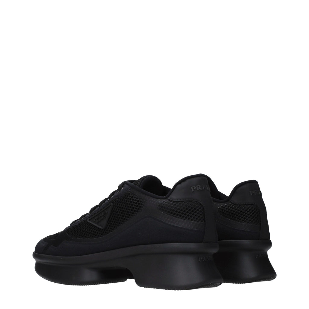 Prada black fabric low top sneakers with white soles and lace-up design, stylish footwear for casual and sporty looks.