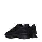 Prada black fabric low top sneakers with white soles and lace-up design, stylish footwear for casual and sporty looks.