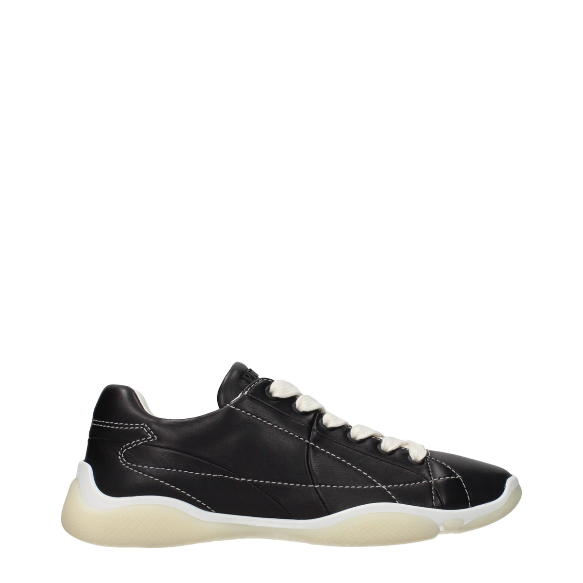 Prada black leather sneakers with sleek design, featuring Prada branding and white rubber soles.