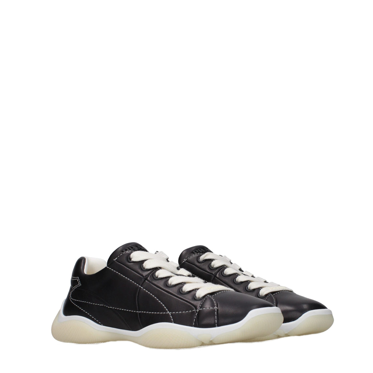 Prada black leather sneakers with sleek design and white rubber soles, showcasing stylish and comfortable footwear.