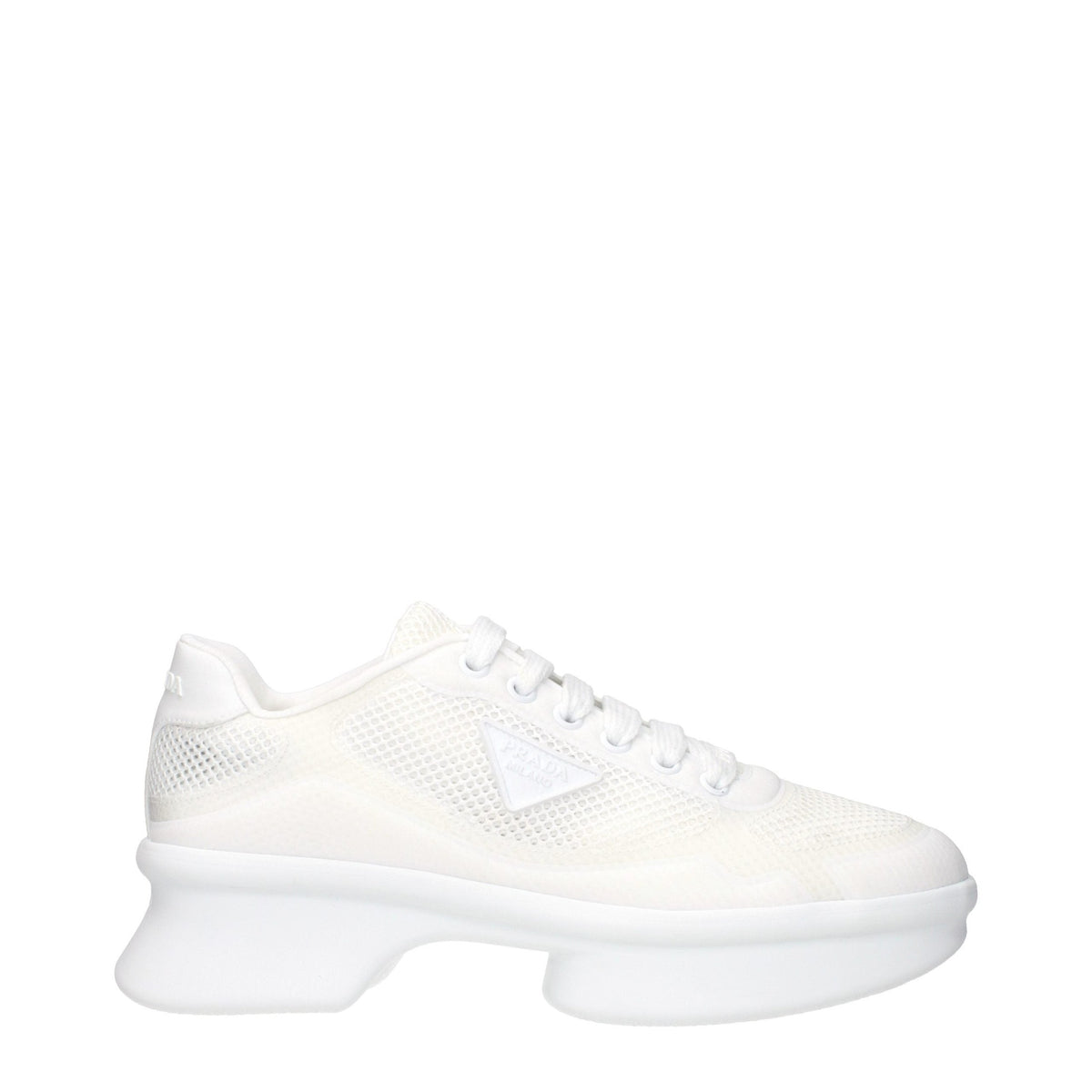 Prada white fabric low top sneakers with clean design and rubber sole, stylish casual footwear for everyday wear.