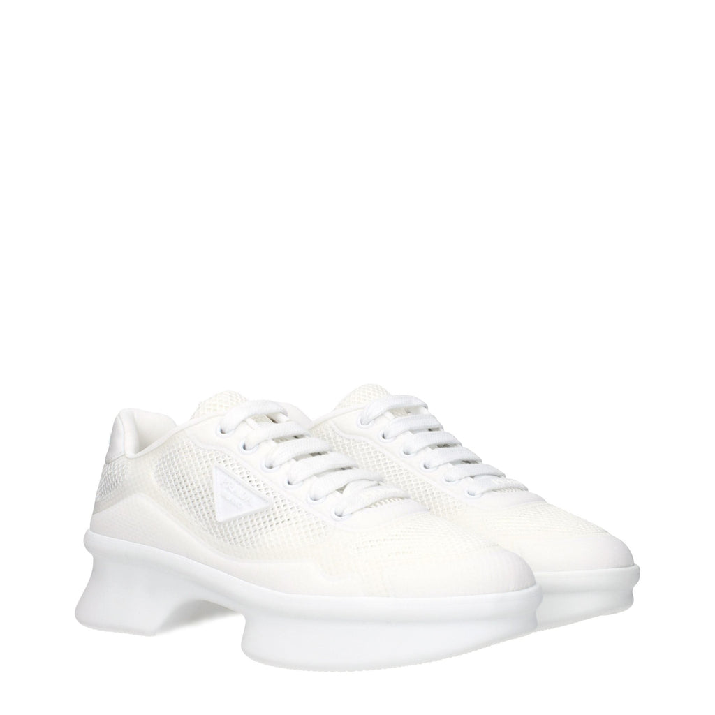 Prada white fabric low top sneakers with sleek design and white laces, perfect for casual and stylish footwear.