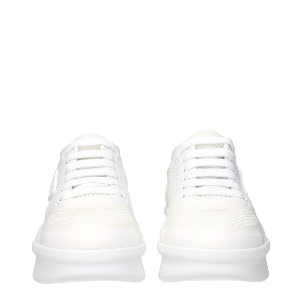 Prada white fabric low top sneakers with sleek design and white laces, featuring the Prada logo on the side.