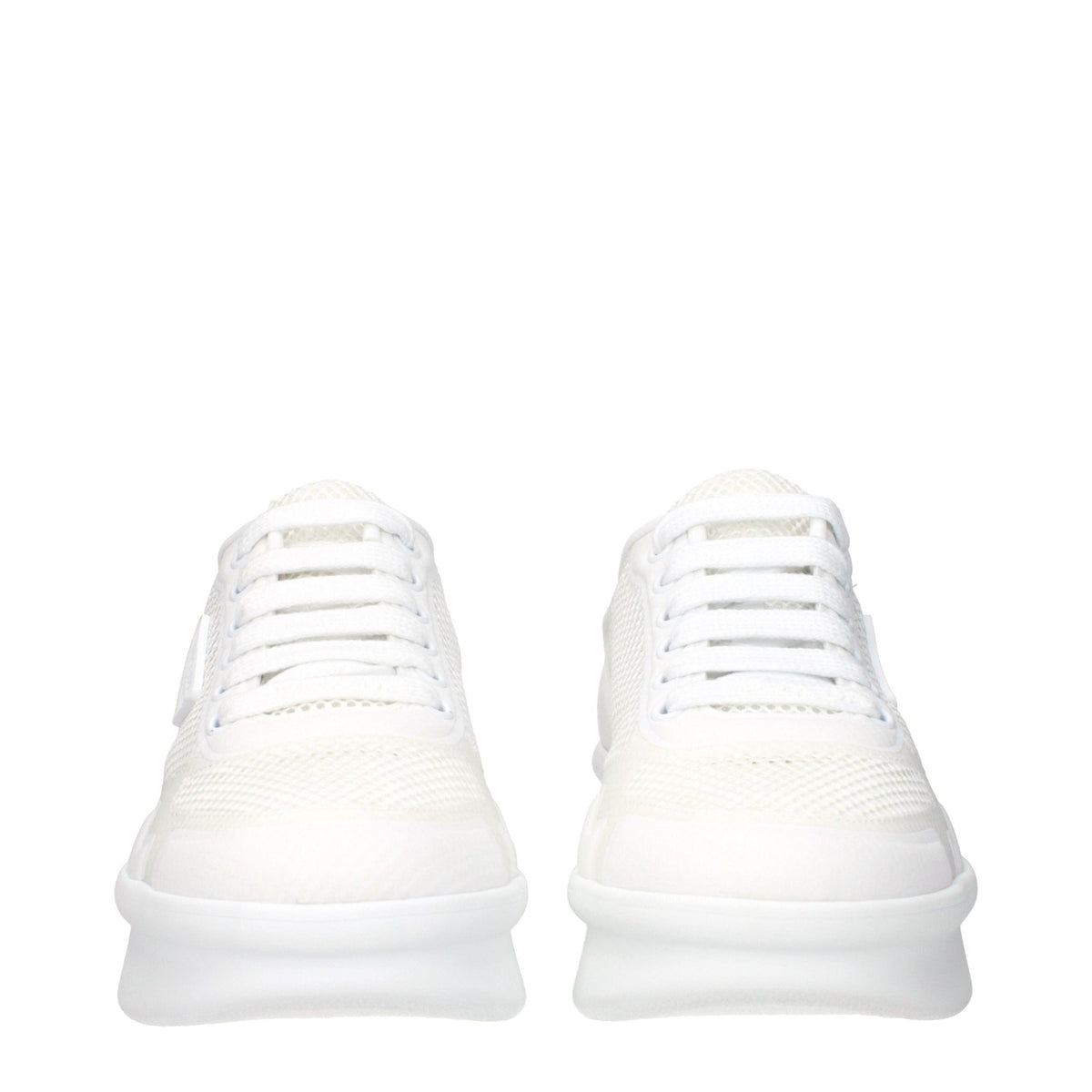 Prada white fabric low top sneakers with sleek design and white laces, featuring the Prada logo on the side.