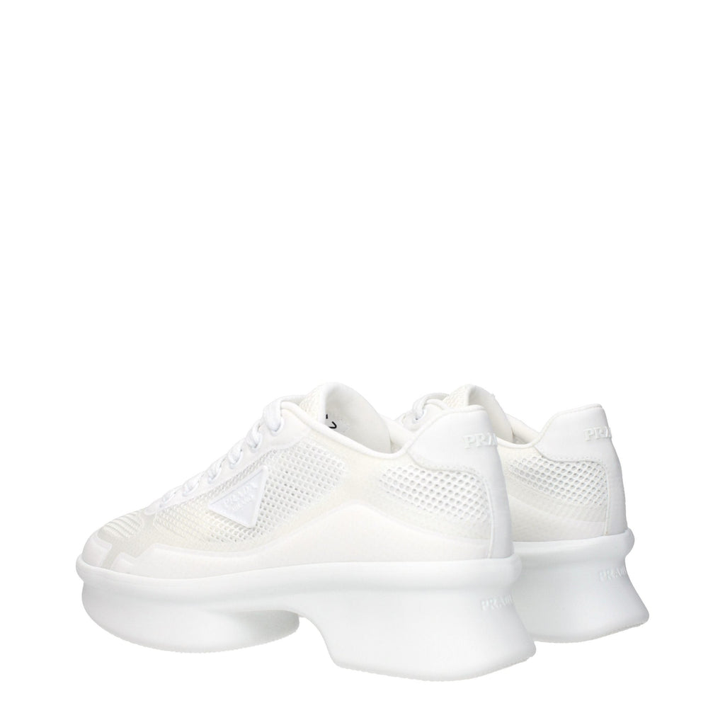 Prada white fabric low top sneakers with clean design and lace-up closure, showcasing casual and stylish footwear.