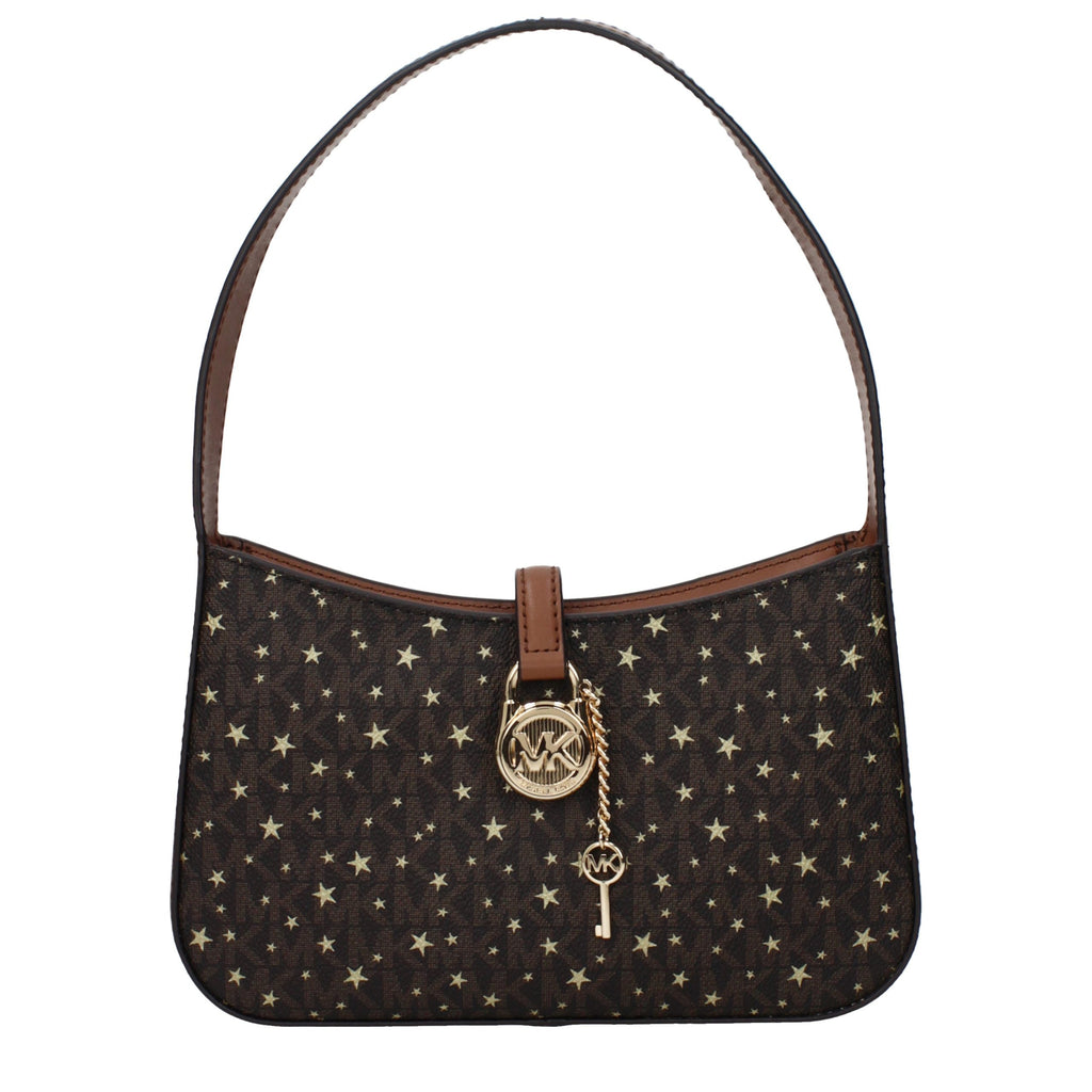 Michael Kors brown fabric handbag with top handles and gold-tone accents, showcasing a stylish and versatile accessory.