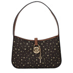 Michael Kors brown fabric handbag with top handles and gold-tone accents, showcasing a stylish and versatile accessory.
