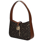 Brown fabric Michael Kors handbag with structured design and top handles, stylish accessory for everyday or special occasions.