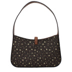 Michael Kors brown fabric handbag with leather accents, featuring top handles and zipper closure.