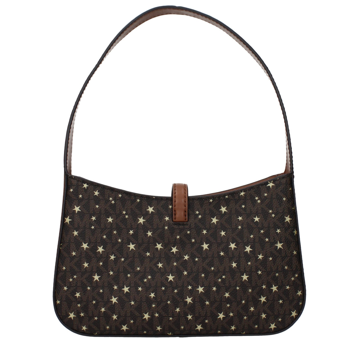 Michael Kors brown fabric handbag with leather accents, featuring top handles and zipper closure.