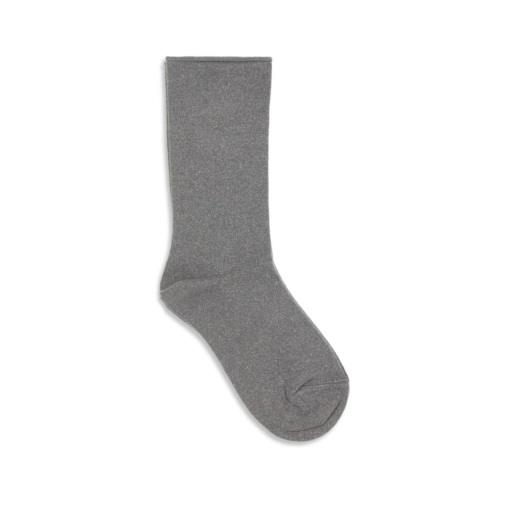 Gray silk socks by Brunello Cucinelli featuring a smooth, luxurious texture and fine craftsmanship, shown close-up of the socks.