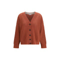 Brunello Cucinelli orange cashmere cardigan displayed flat with button details and soft, luxurious fabric.