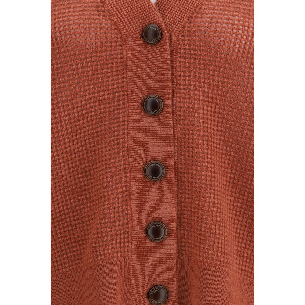 Orange Brunello Cucinelli cashmere cardigan with a relaxed fit, featuring button closure and ribbed cuffs and hem.