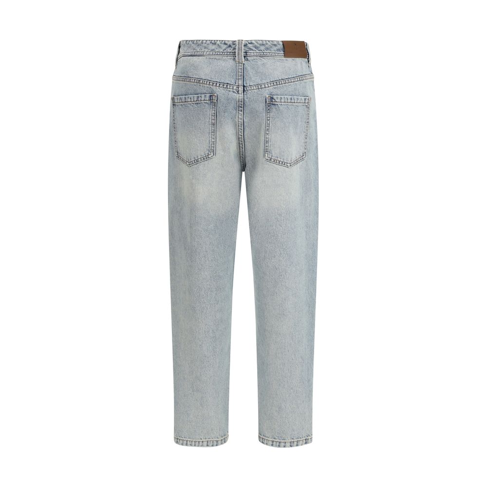 Brunello Cucinelli blue cotton straight-leg jeans displayed on a hanger, showcasing classic fit and clean design.