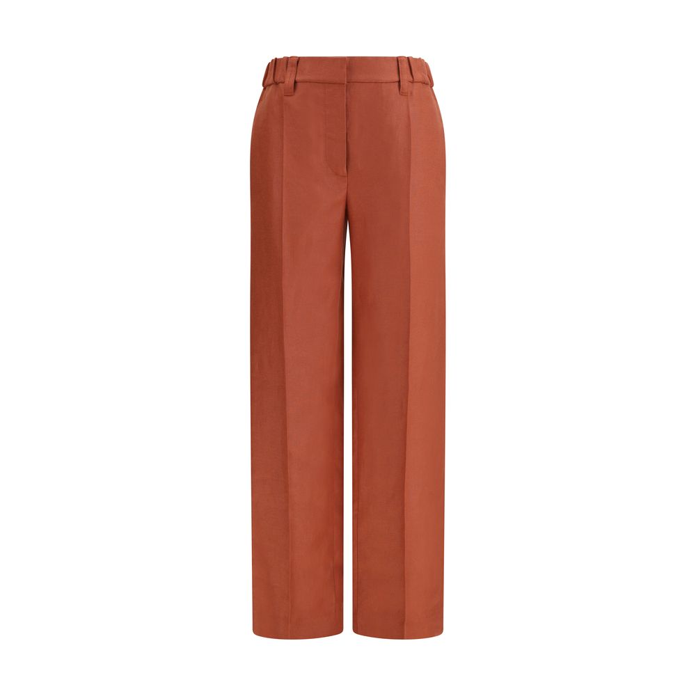 Brunello Cucinelli red linen casual pants with a relaxed fit and tailored waistband, displayed on a neutral background.