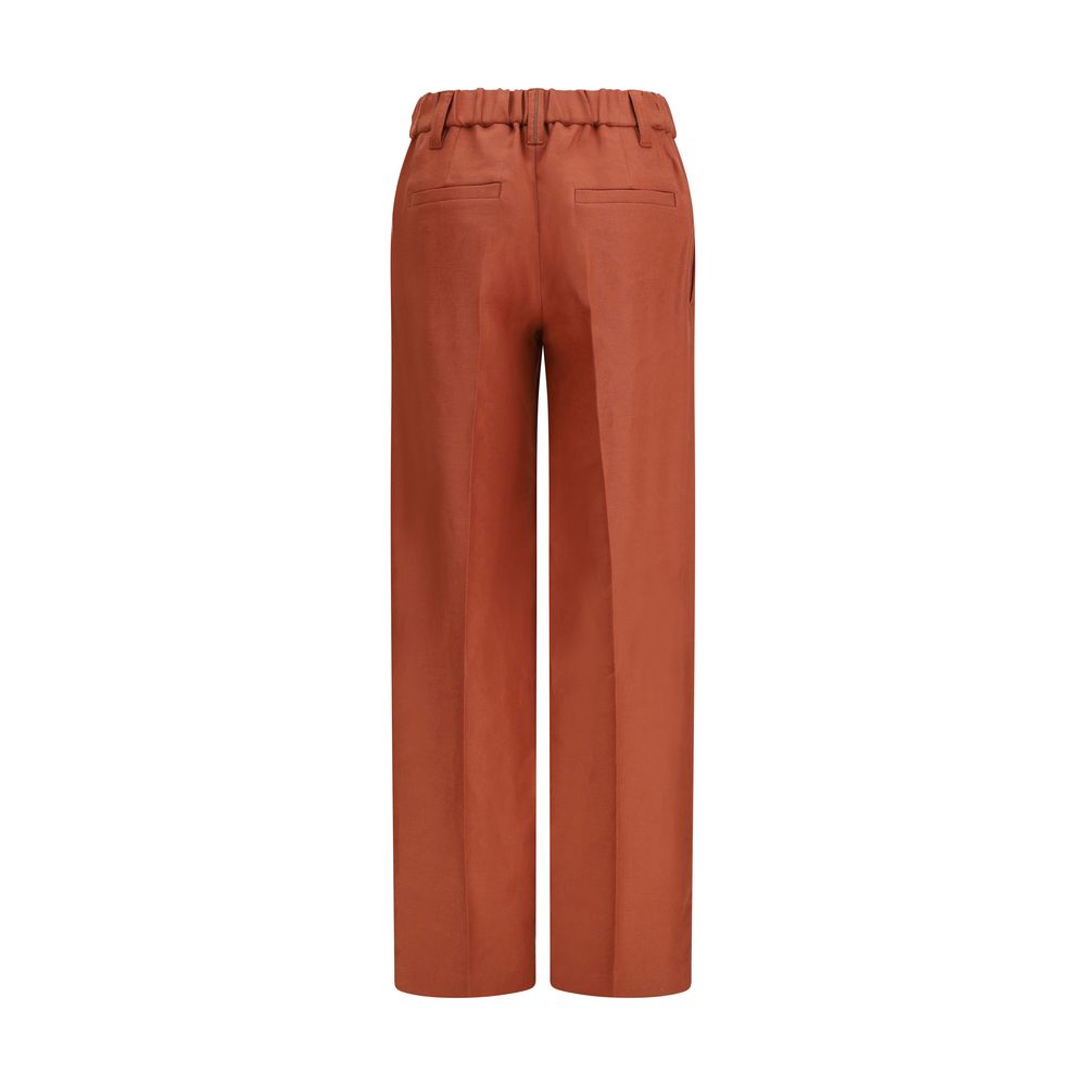 Brunello Cucinelli red linen casual pants with a relaxed fit and adjustable drawstring waist, ideal for comfortable everyday wear.