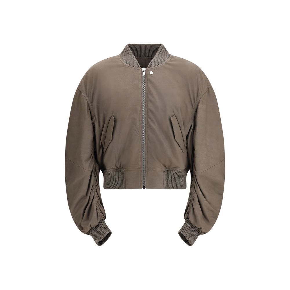 Gray lamb leather Rick Owens Ovis Aries bomber jacket with ribbed cuffs and collar, front zipper, and minimalist style.