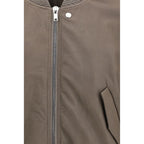 Gray lamb leather Rick Owens Aries bomber jacket with structured design and subtle branding, displayed on a hanger.