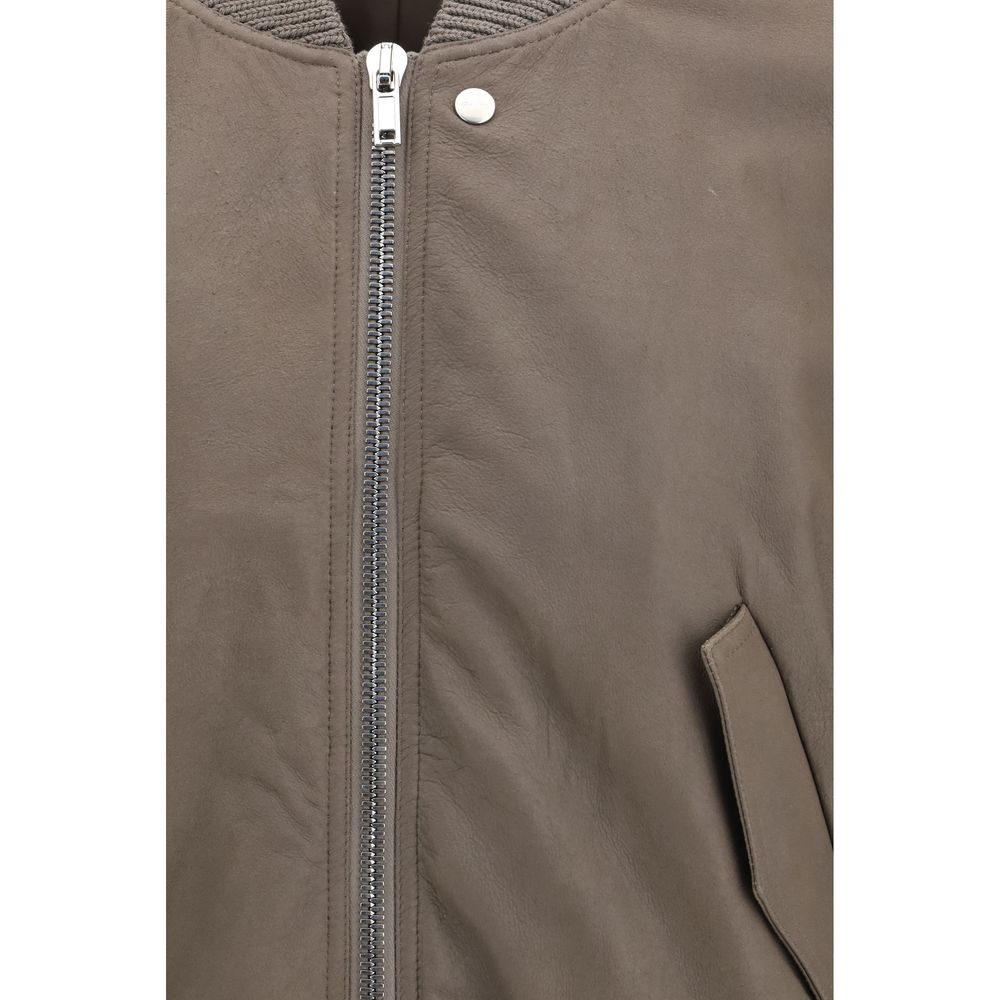 Gray lamb leather Rick Owens Aries bomber jacket with structured design and subtle branding, displayed on a hanger.