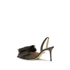 MACH & MACH brown raffia platform pumps with chunky heels and open-toe design on neutral background.