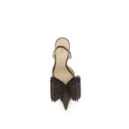 MACH & MACH brown raffia platform pumps with ankle straps and chunky high heels, stylish and summery footwear.