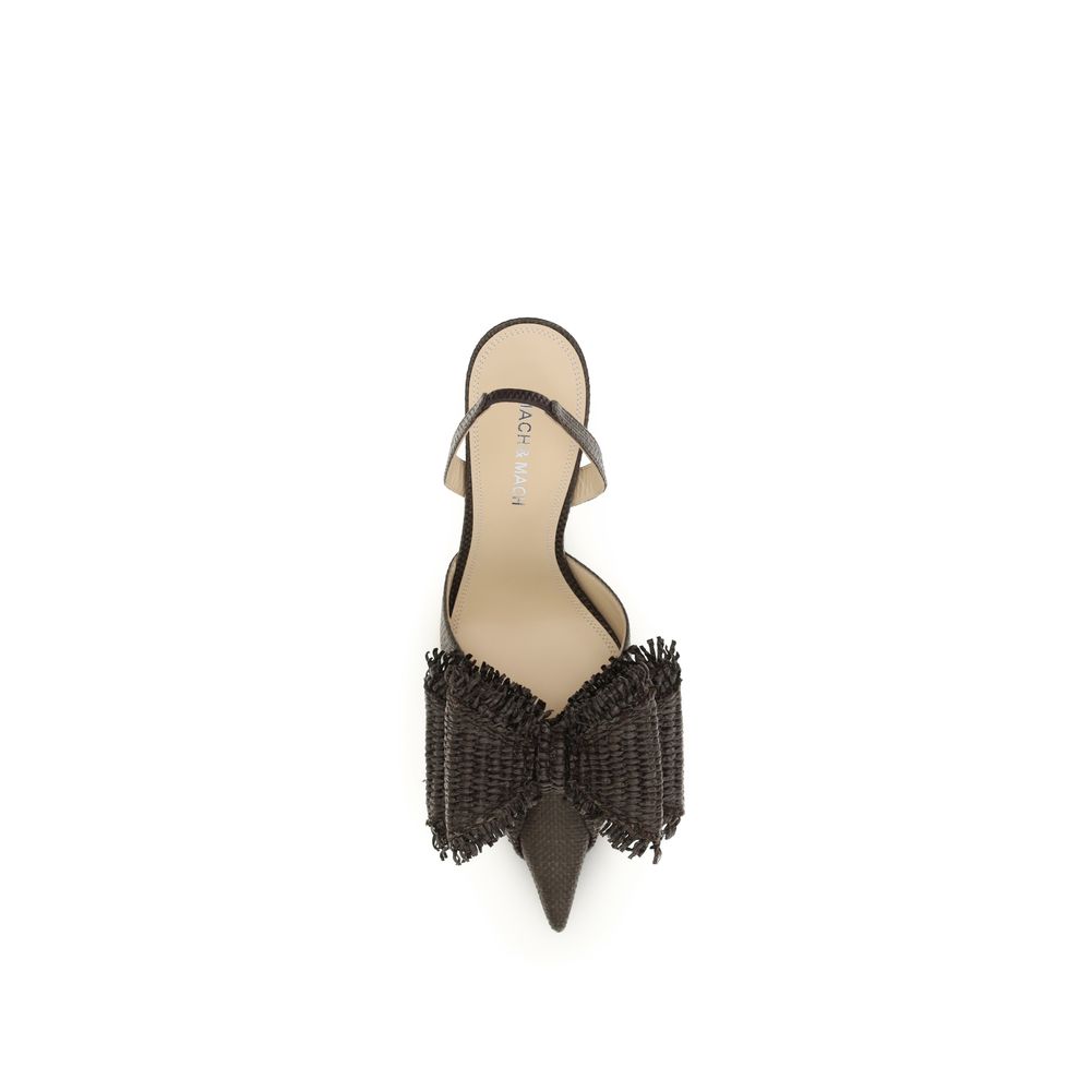 MACH & MACH brown raffia platform pumps with ankle straps and chunky high heels, stylish and summery footwear.
