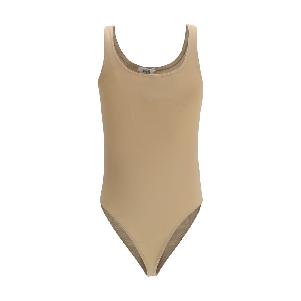 Wolford beige cotton bodysuit with long sleeves and scoop neckline, form-fitting and soft for comfortable wear.