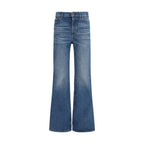 Chloé blue cotton flared jeans with high waist and wide leg opening, styled with casual clothing.