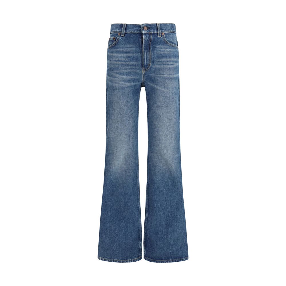Chloé blue cotton flared jeans with high waist and wide leg opening, styled with casual clothing.