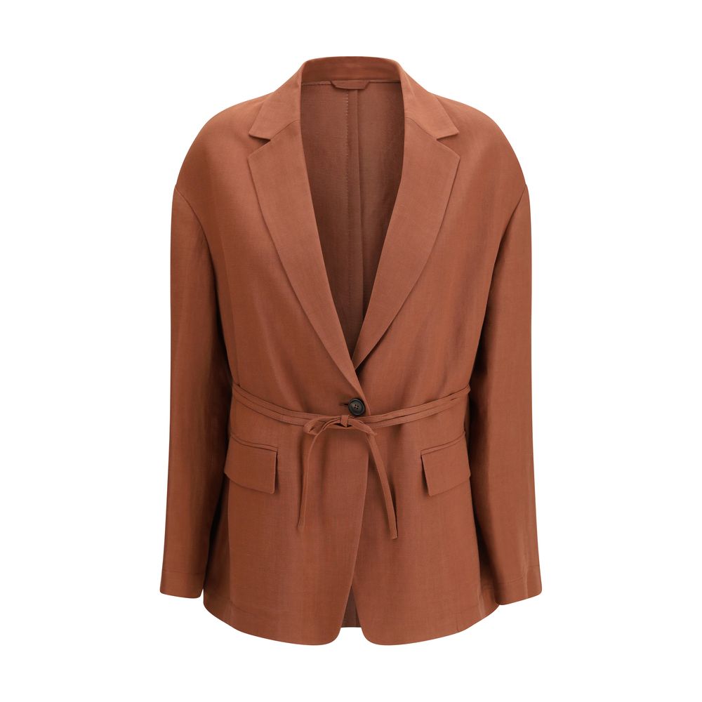 Red Brunello Cucinelli viscose blazer displayed on a hanger, showcasing tailored fit and luxurious fabric.