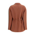 Brunello Cucinelli red viscose blazer hanging on a wooden rack, showcasing tailored fit and elegant design.