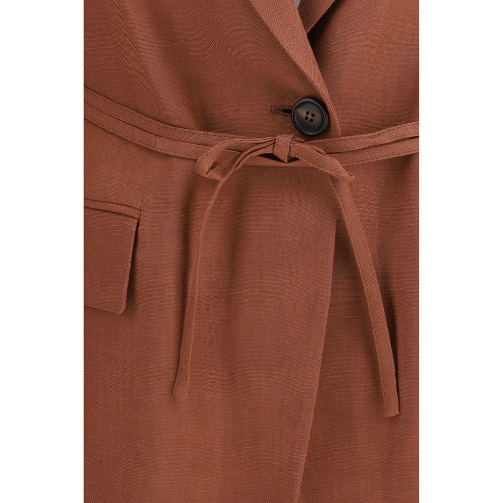 Brunello Cucinelli red viscose blazer shown on a hanger, featuring tailored fit and classic lapel design.