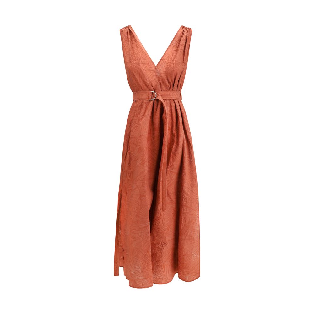 Brunello Cucinelli red cotton casual dress displayed on a mannequin, featuring a relaxed fit and simple, elegant design.