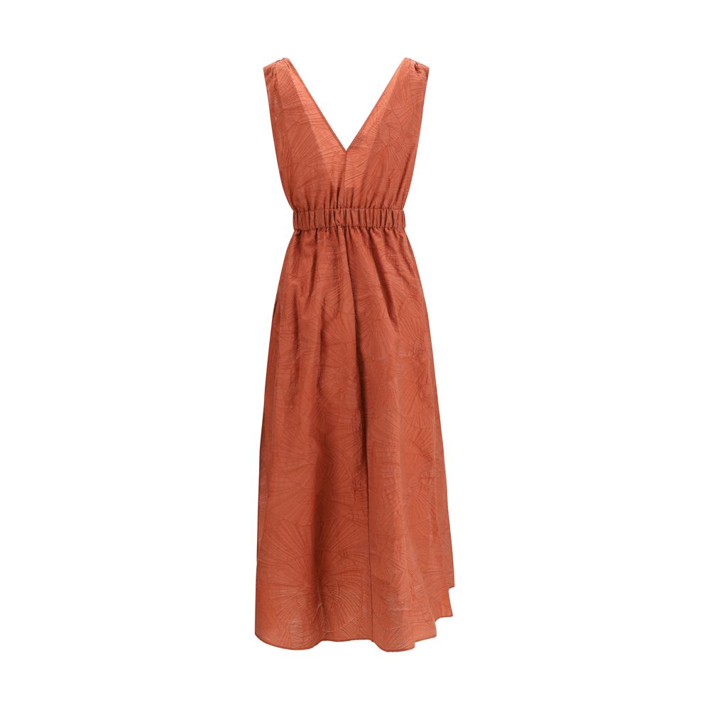 Red Brunello Cucinelli cotton casual dress displayed on a hanger, featuring a relaxed fit and minimalist design.